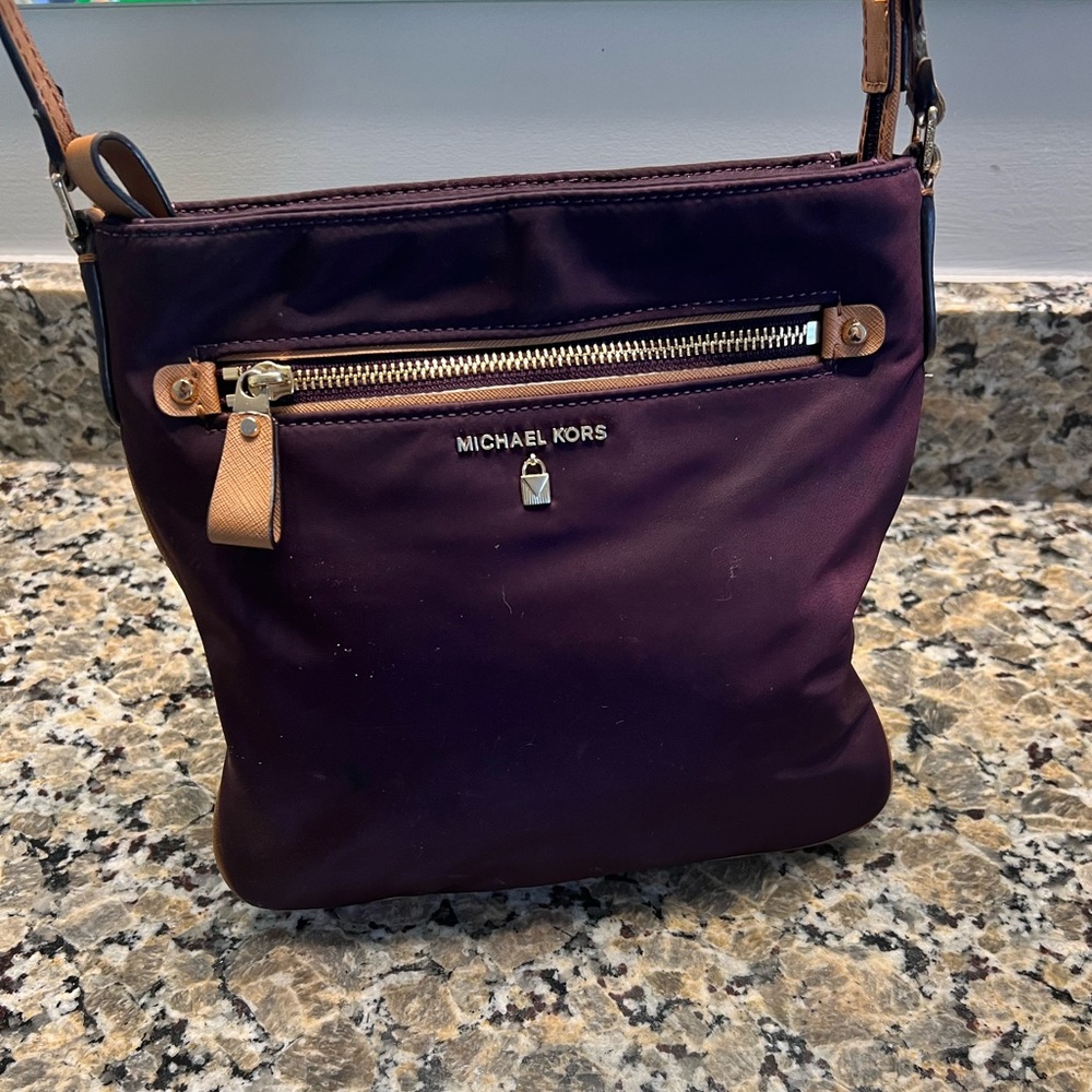 Michael Kors Maroon with Tan Leather Strap Crossbody Bag